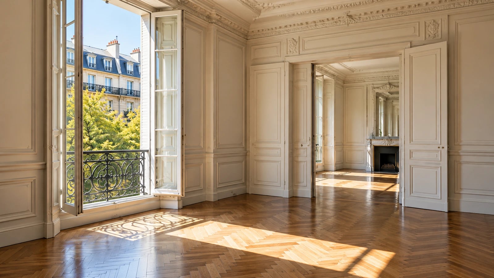 Séjour d’un appartement ancien, parquet et grandes fenêtres (photo d’illustration)