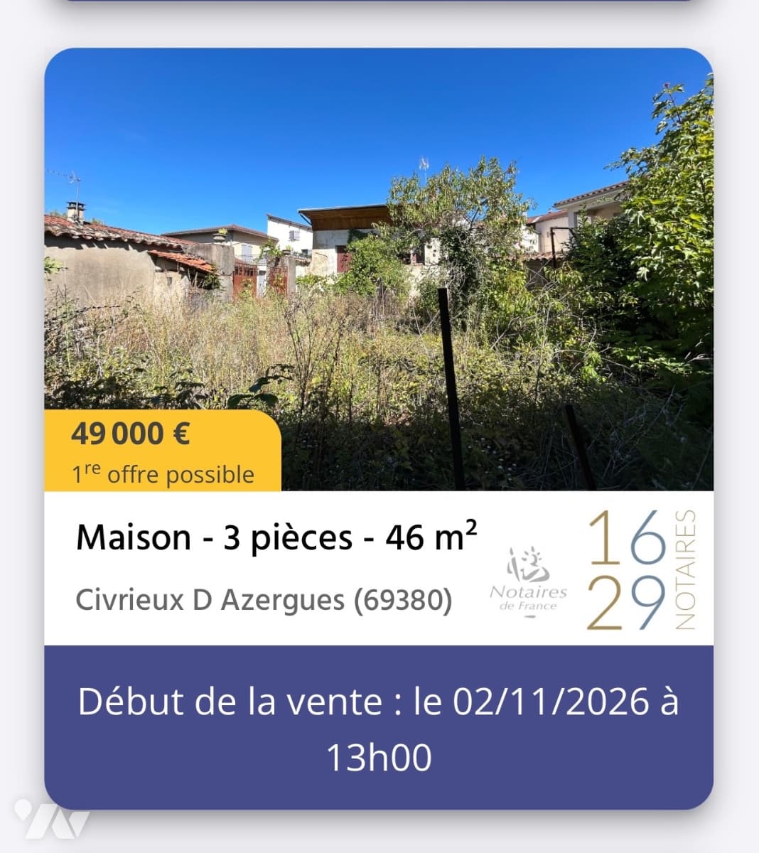Photo du bien : Maison 46 m² à Civrieux-d'Azergues (69) – vente chez le notaire le 3 novembre 2026